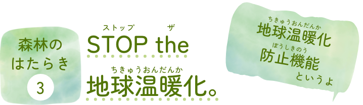 森林のはたらき③STOP the 地球温暖化。地球温暖化防止機能（ちきゅうおんだんかぼうしきのう）